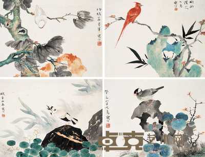 江寒汀 花鸟四屏 立轴　 23×30cm×4